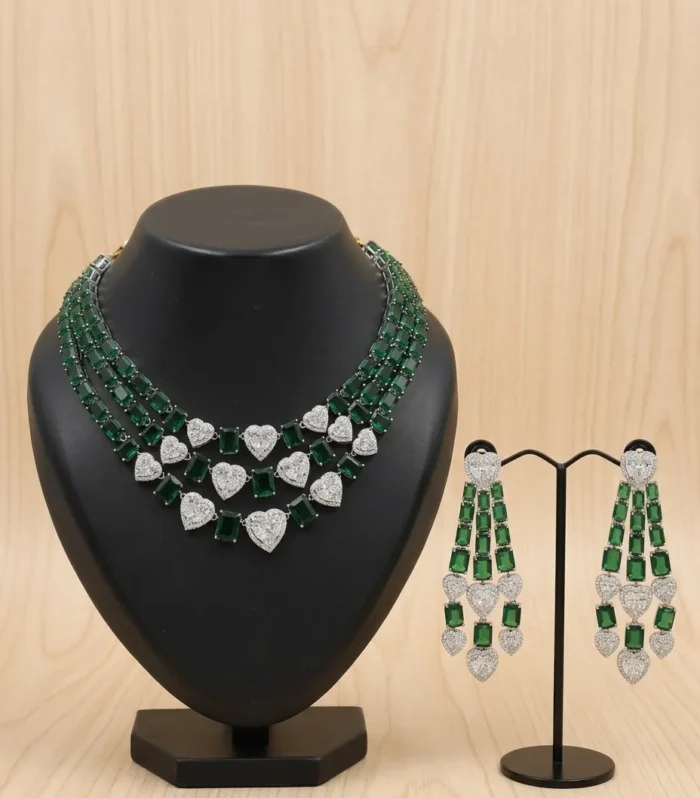 Emerald Green Floral Crystal Necklace Set - Zaariyah Premium Collection